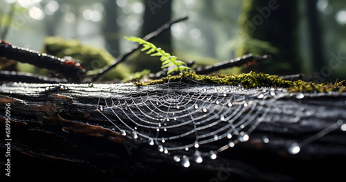 a dew covered spider web on a log in the woods