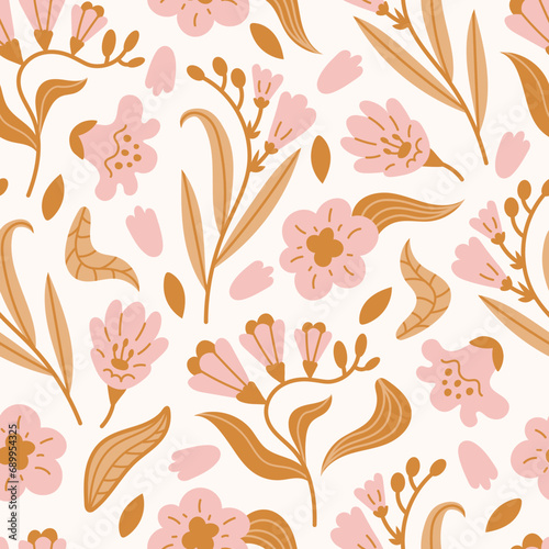 Freesia seamless pattern with golden flowers and leaves. Elegant ornate floral seamless background with pink flowers. Repeat vector illustration for wedding, fabric, textile, greeting card