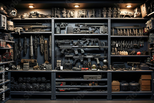 A gun shop with many shelves full of weapons.