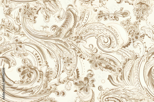 Vector seamless pattern from the golden Baroque leaf on a beige background. Scarf, bandana, neckerchief, kerchief silk print design, wallpaper, wrapping paper stock .
