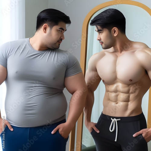A fat guy looking to him in the mirror that have muscle body,bodybuilding,body transformation,healthy,changing lifestyle,love yourself,workout and discipline 
