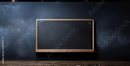 empty blackboard on a wall, blank blackboard with chalk, empty black board on empty black wall blue light , 
