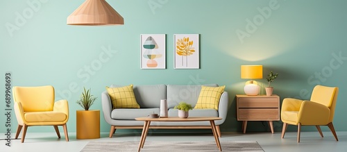Cozy living room with geometric carpet, pastel lamps, wooden table, and chairs in yellow, mint, and grey, along with a wall poster.