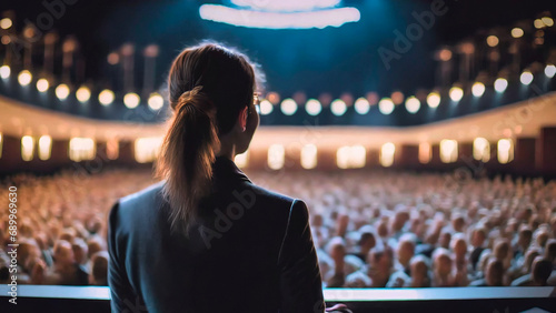 A rear view of a formally dressed woman speaker with hand gesture and standing on the right side of a stage facing the audience in an indoor auditorium 