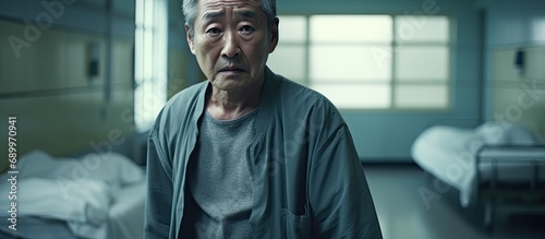 Elderly Asian man appears sad in hospital corridor.