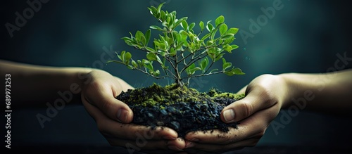 Protecting the environment and promoting renewable energy for a sustainable future, symbolized by hands nurturing plants and trees.