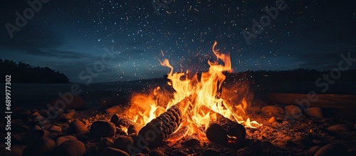 Outdoor night bonfire with text space, stunningly bright.