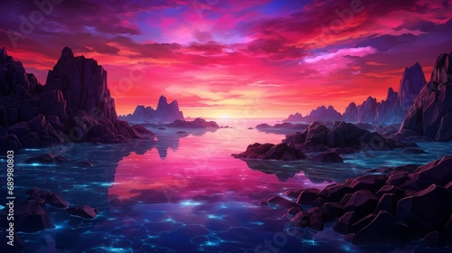  A vivid and surreal sunset over a mythical seascape, the sky ablaze with unreal colors, floating rocks in the iridescent water
