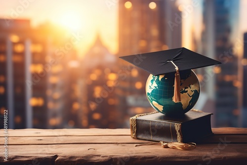 Graduation cap with earth globe, concept of global business study, Generative AI