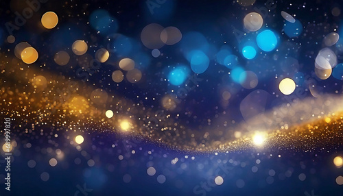 abstract background with Dark blue and gold particle. Golden light shine particles bokeh on navy blue background. Gold foil texture. Holiday concept