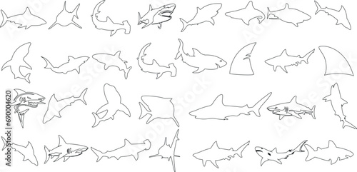 Illustration Vectorielle de Contours de Requins: Plongez dans les profondeurs avec cette illustration vectorielle frappante, présentant une variété de contours de requins dans des poses dynamiques.
