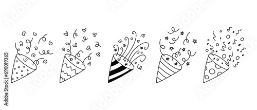 Confetti Popper Set for Party. Collection Isolated confetti, explosion, firecracker, celebration in doodle style. Vector illustration.