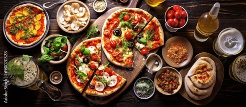 In a cozy Italian restaurant with a white, rustic background, customers indulged in a space-themed menu, savoring delicious pizzas topped with fresh tomatoes, complemented by a variety of beer and