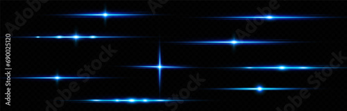  Blue lines of light. Flash Light. Horizontal lines of highlights. Blue neon stripes or flash.