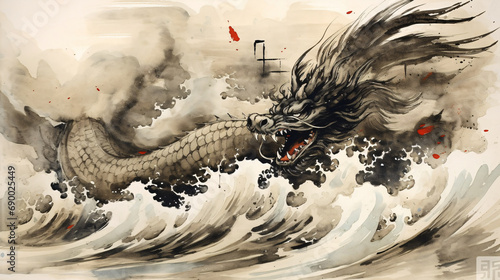 荒れ狂う海と龍を水墨画で描く