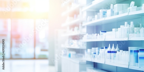 pharmacy drugstore shelves interior blurred abstract background with copy space 
