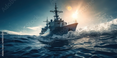 Modern warship, frigate surging through the ocean of water with sparkling,