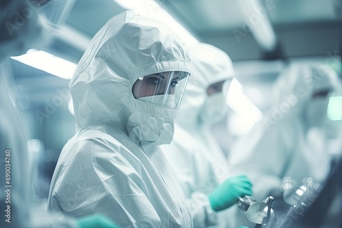 Scientists in hazmat suits working in a modern laboratory, researching medicine, virus, and health.