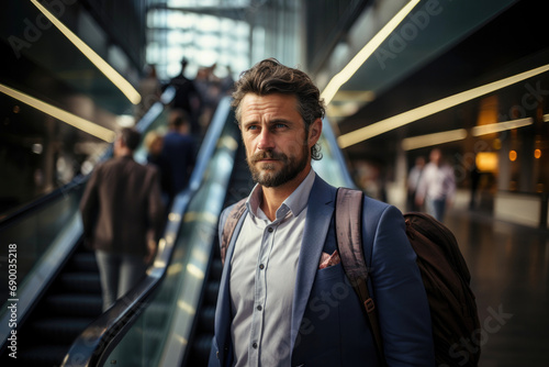 Portrait of serious businessman with backpack on shoulder at high speed train station with escalators in the background. Business trip concept. Generated AI