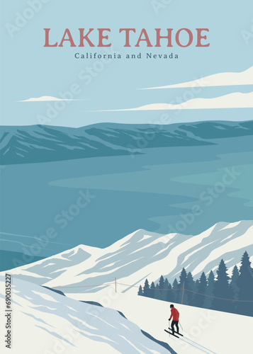 lake tahoe ski resort travel poster vintage design, lake tahoe winter view nevada and california