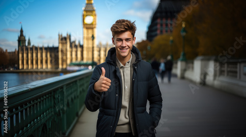smiling happy young guy against the backdrop of Big Ben in London, boy, teenager, traveling to another country, student, studying English, schoolboy, work and study abroad, Europe, England, thumbs up