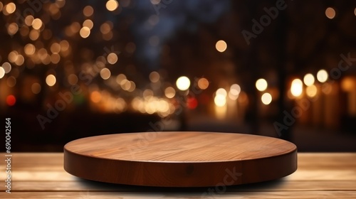 Round wooden table with blur street night bokeh light 