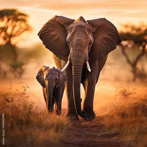 A heartwarming scene of a mother elephant and her calf walking side by side