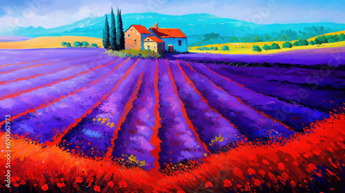 Artistic painting depicting lavender fields in Tuscany, bright and wonderfully vivid colors of purple, red with yellow and grass green hills - Italian rural countryside splendor rustic farmhouse.