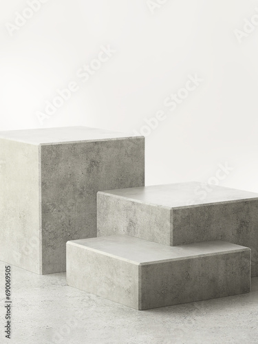 Three modern cuboid polished cement podium, geometric pedestal on gray counter. Luxury cosmetic, skincare, beauty, body, hair care, treatment, fashion product display background 3D