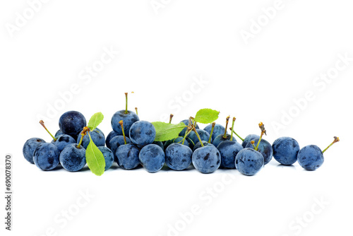 Heap of fresh blackthorn berries with leaves isolated on white background