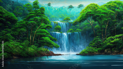Painting of high cascading waterfalls in a remote tropical jungle - flowing river with crystal clear blue water, lush green vegetation and trees - scenic otherworldly beauty paradise. 