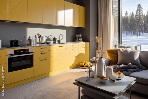 Detail of yellow kitchen cabinets in beautiful modern living room