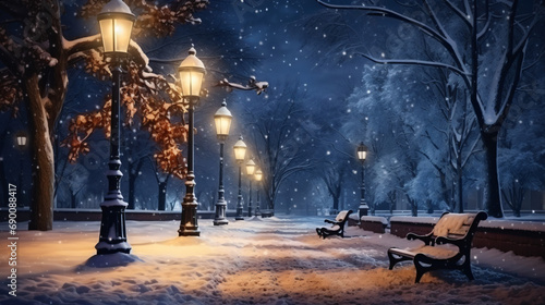 Snowfall in the city park at night in winter