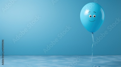 Not sad blue balloon with positive emoji, on a blue background, blue monday, copy space, banner