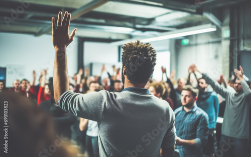Expression opinion or power of voice concepts with group person raising hand.cooperation of teamwork voting and agreement of organization direction.confidence of human mindset.business ideas