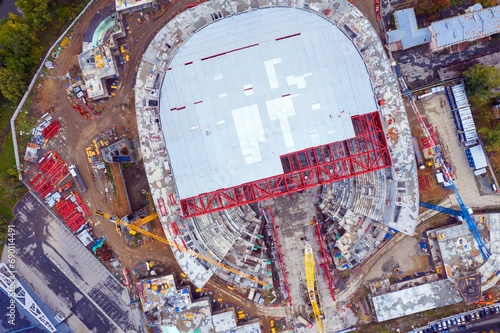 Aerial view of the construction of new stadium in a modern city