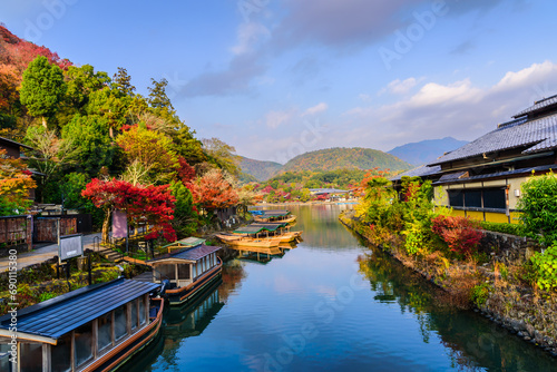 Arashiyama Kyoto Japan in autumn season. View of Arashiyama Katsura river form Togetsu or Togetsukyo bridge.