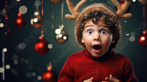 Surprised little boy wearing reindeer antlers holding gift box. Christmas holidays. Boxing Day shopping. Holiday shopping