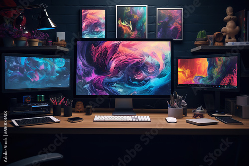  a graphic artist's desk equipped with a dual monitor setup, a digital drawing tablet, and surrounded by art posters, reflecting a vibrant and artistic workspace dedicated to digital creativity