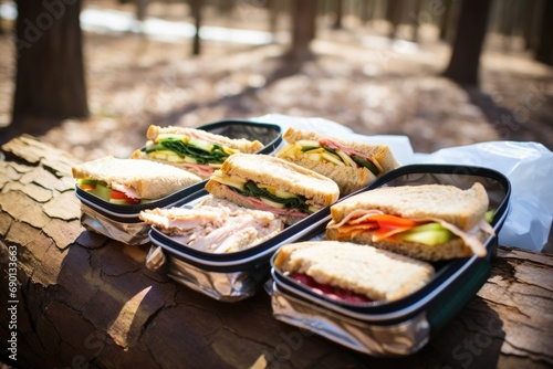 sandwiches lined up in lunchboxes before a hike