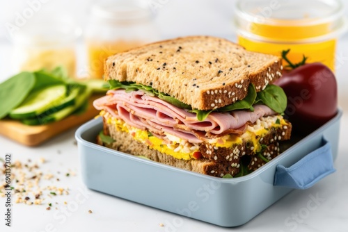 lunch box with a sandwich filled with mustard