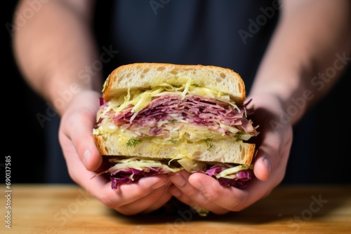 hands candidly holding an unwrapped sauerkraut sandwich