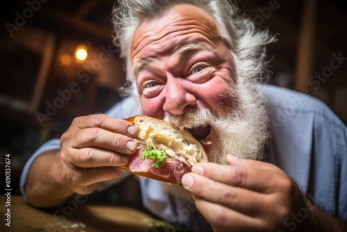 man biting into a scrumptious sandwich packed with sauerkraut
