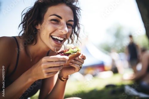 woman eating a sandwich at an outdoor festival