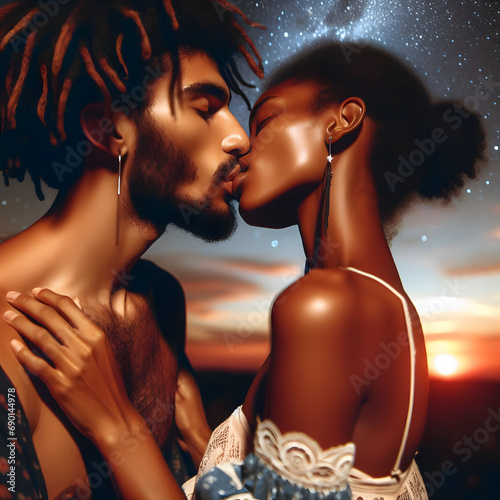 Two people sharing a passionate kiss under the stars on a summer night