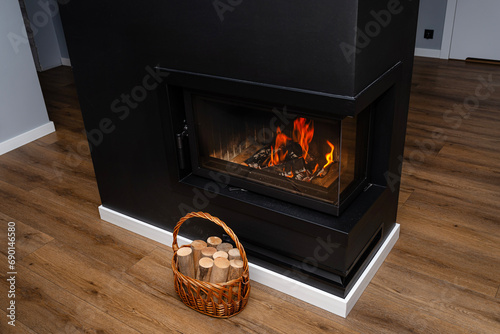 Pieces of birch wood standing in a wicker basket next to a modern fireplace with a closed combustion chamber and a corner glass.