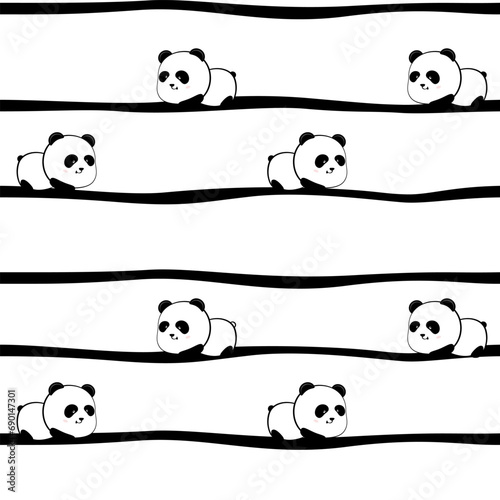 Seamless pattern of cute cartoon panda on strip background, black and white print