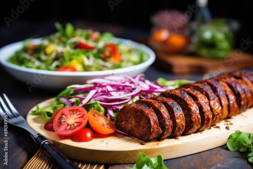 vegan bbq sausage sliced and served with salad