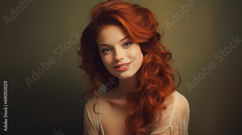 Lifestyle fashion portrait of smiling red haired woman with beautiful waving hair. Cheerful and positive emotions. AI generated.