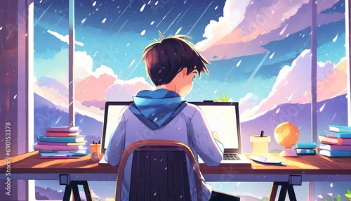 Garoto Lofi estudando em sua mesa chuvoso, nublado lá fora, lindo papel de parede 4K, fundo de streaming, estilo lofi, hiphop, anime, mangá